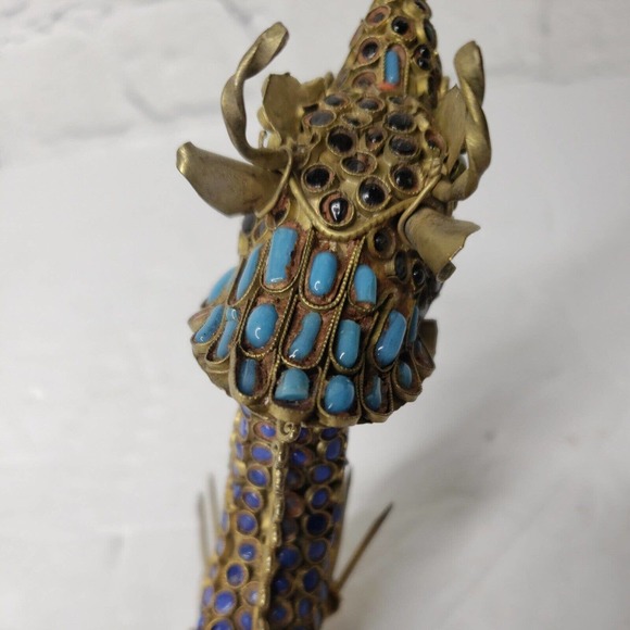 Vintage Asian Gemstone Inlaid Brass Filigree Dragon Sculpture, Himalayan Folk... - Picture 10 of 12